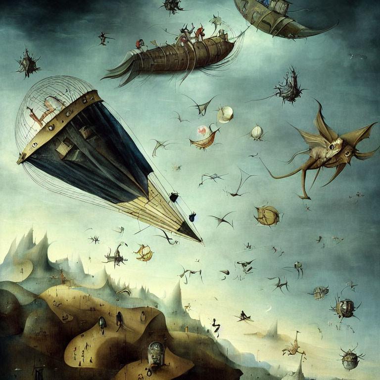 Surreal artwork: Flying ships, creatures in twilight sky.