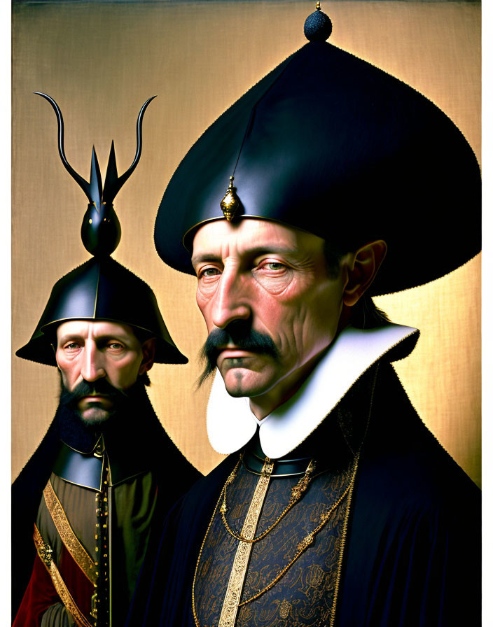 Men in historical attire with black hats and gold chain on plain background