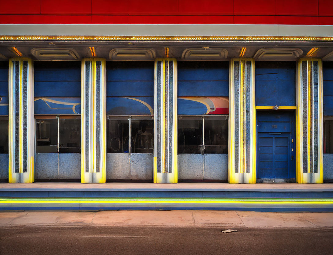 Vibrant Red and Blue Vintage Building Facade with Yellow Accents