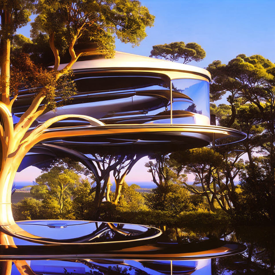 Futuristic building with organic lines in nature setting