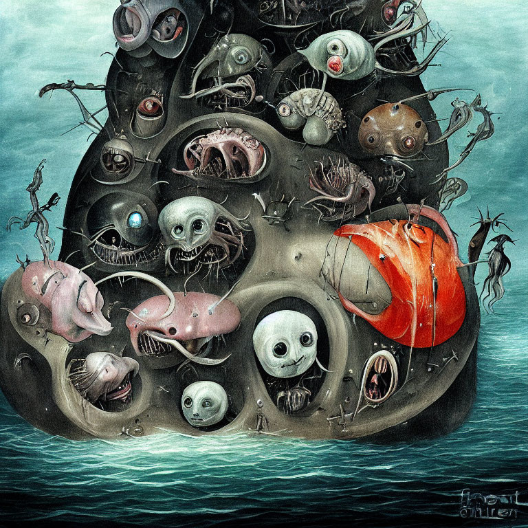 Grotesque surreal painting of distorted creatures in dark water