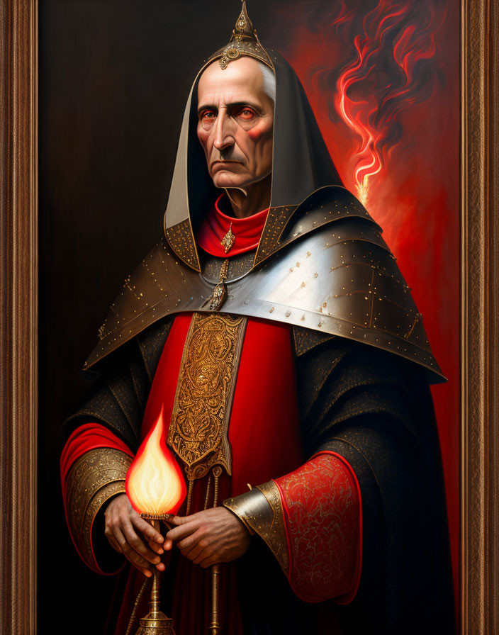 Cardinal figure in ornate robes holding burning flame on dark background