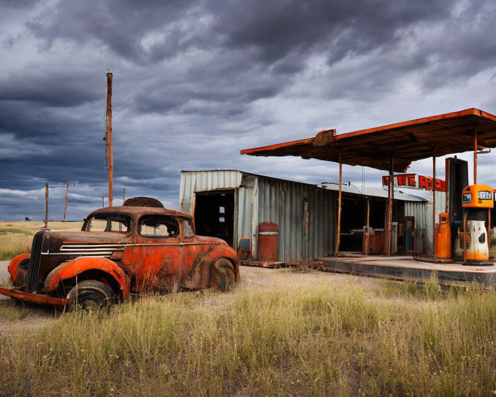 Abandoned gas station with vintage car under cloudy sky