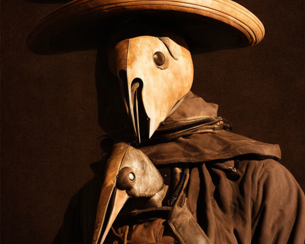 Plague doctor costume with beaked mask and cloak on brown background