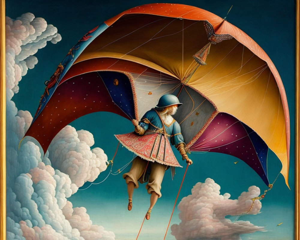 Colorful parachuted person floating in sky with clouds.