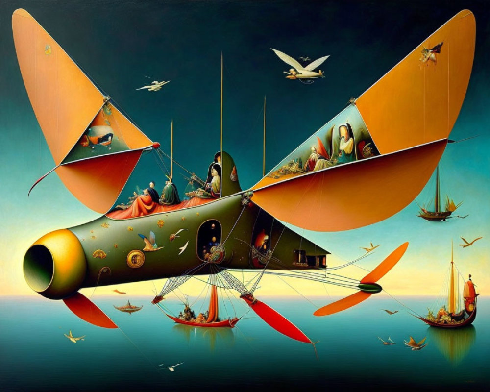Surreal painting of submarine-like vessel with orange sails above serene sea