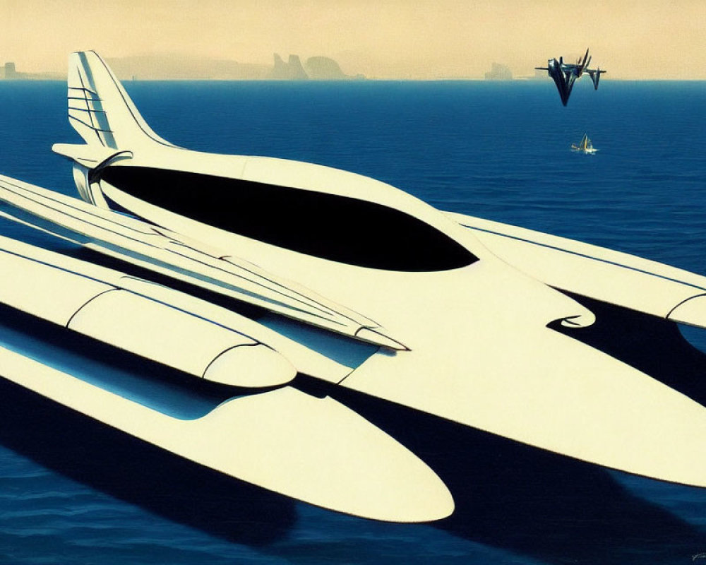 White Futuristic Airplane Flying Low Over Blue Water with City Skyline and Another Aircraft Above