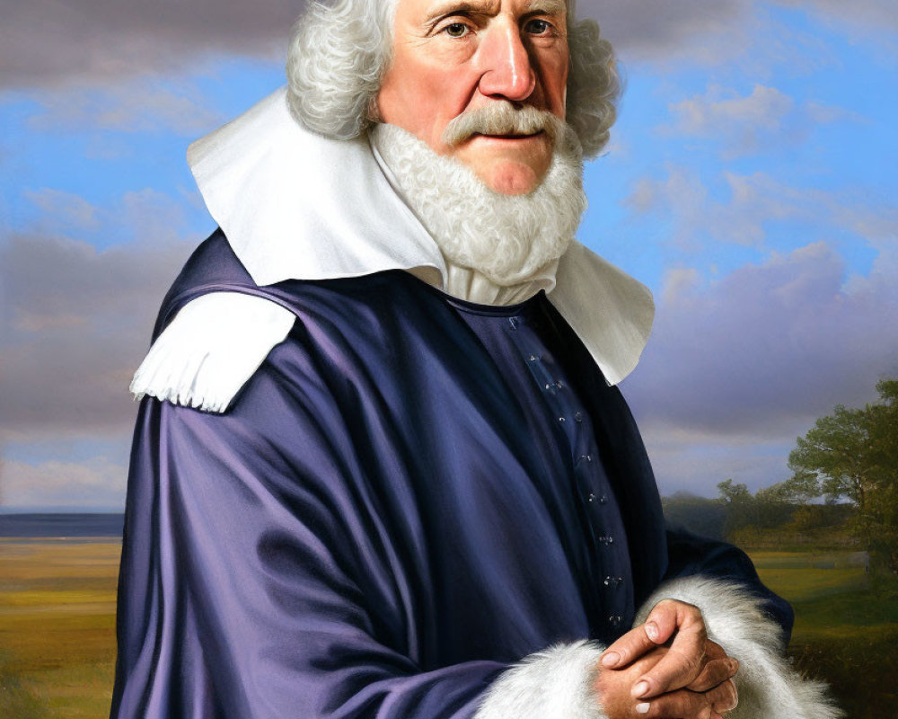 White-haired man in blue robe against landscape backdrop