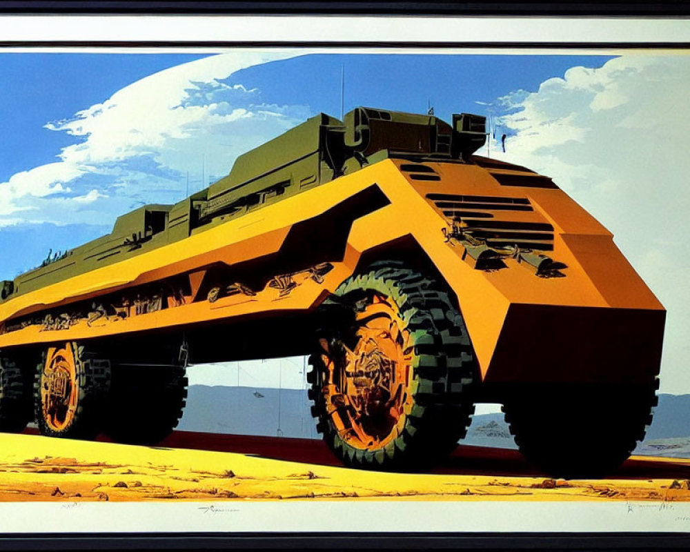 Futuristic orange and green armored vehicle in desert landscape