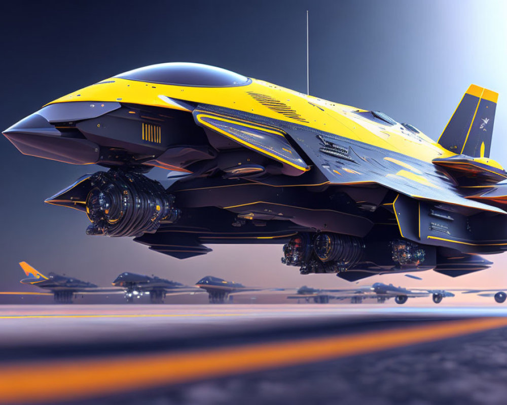 Yellow and Black Futuristic Spaceship on Dusky Runway with Aircraft Silhouettes