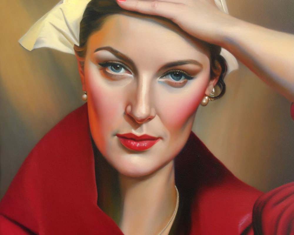 Vintage style painting of woman in red attire with white headband and hand on forehead