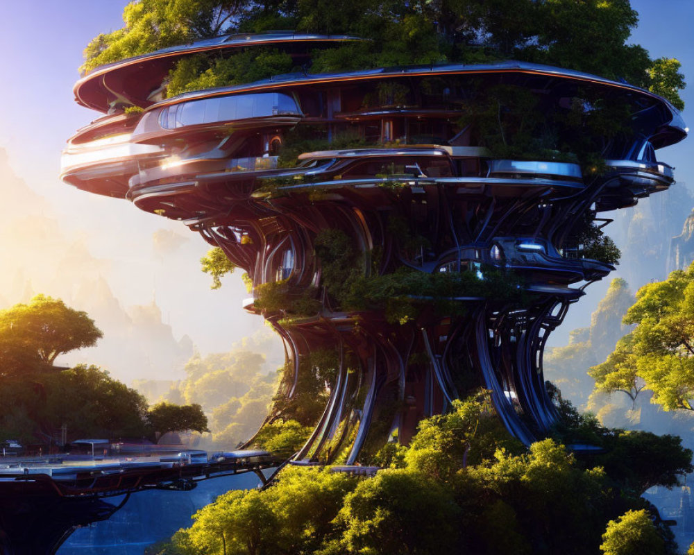 Futuristic tree-like building in lush forest with mountains and golden sunlight