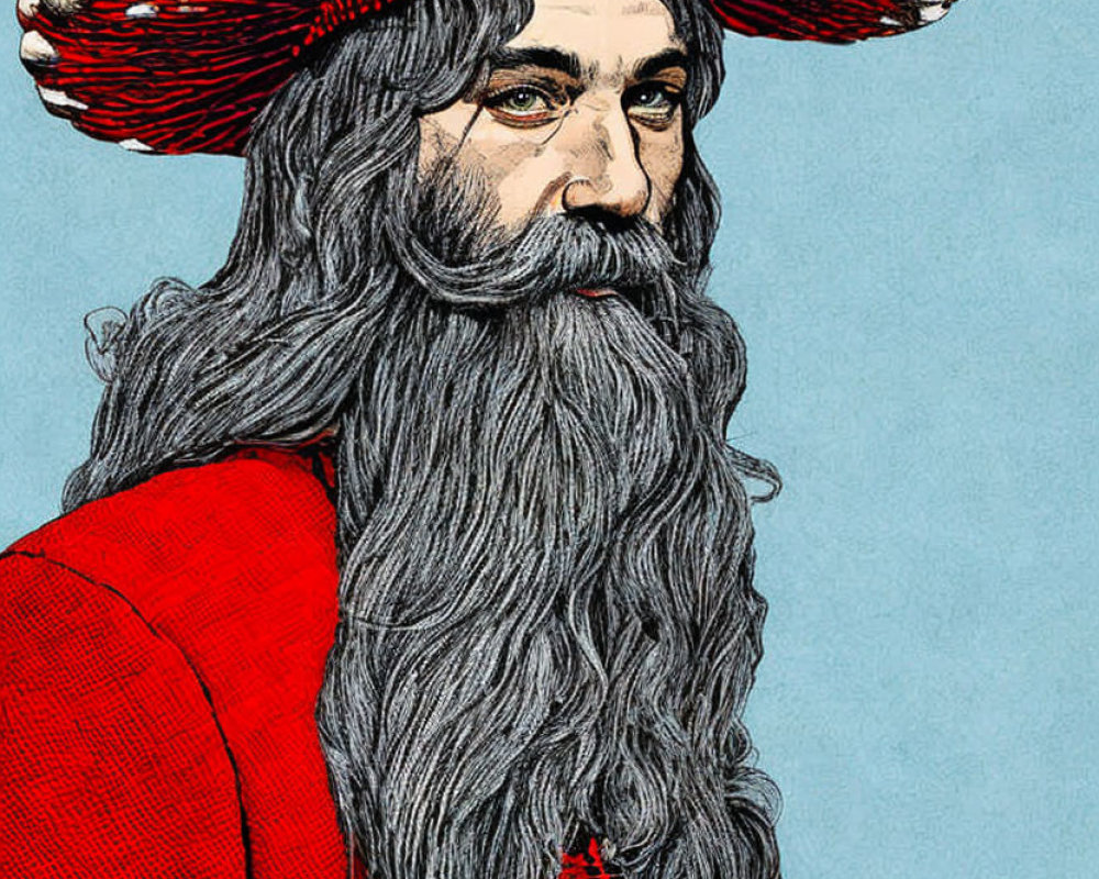 Illustrated man with long gray beard in red outfit and mushroom hat on blue background