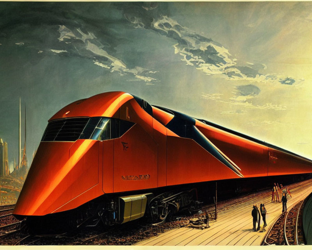 Modern orange train at station with passengers against urban skyline under dramatic sky