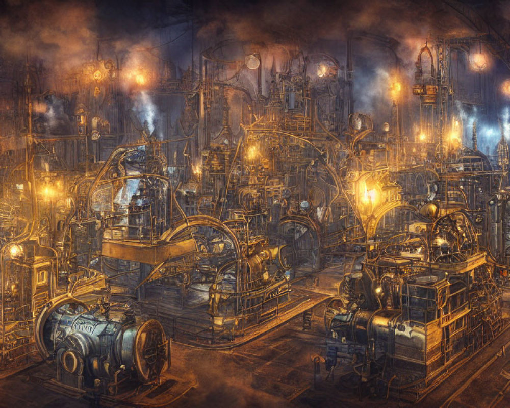 Intricate Steampunk Factory Interior with Mechanical Devices