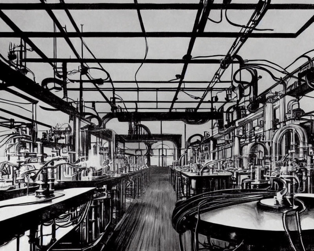 Detailed black and white industrial interior illustration with pipes, valves, and machinery.
