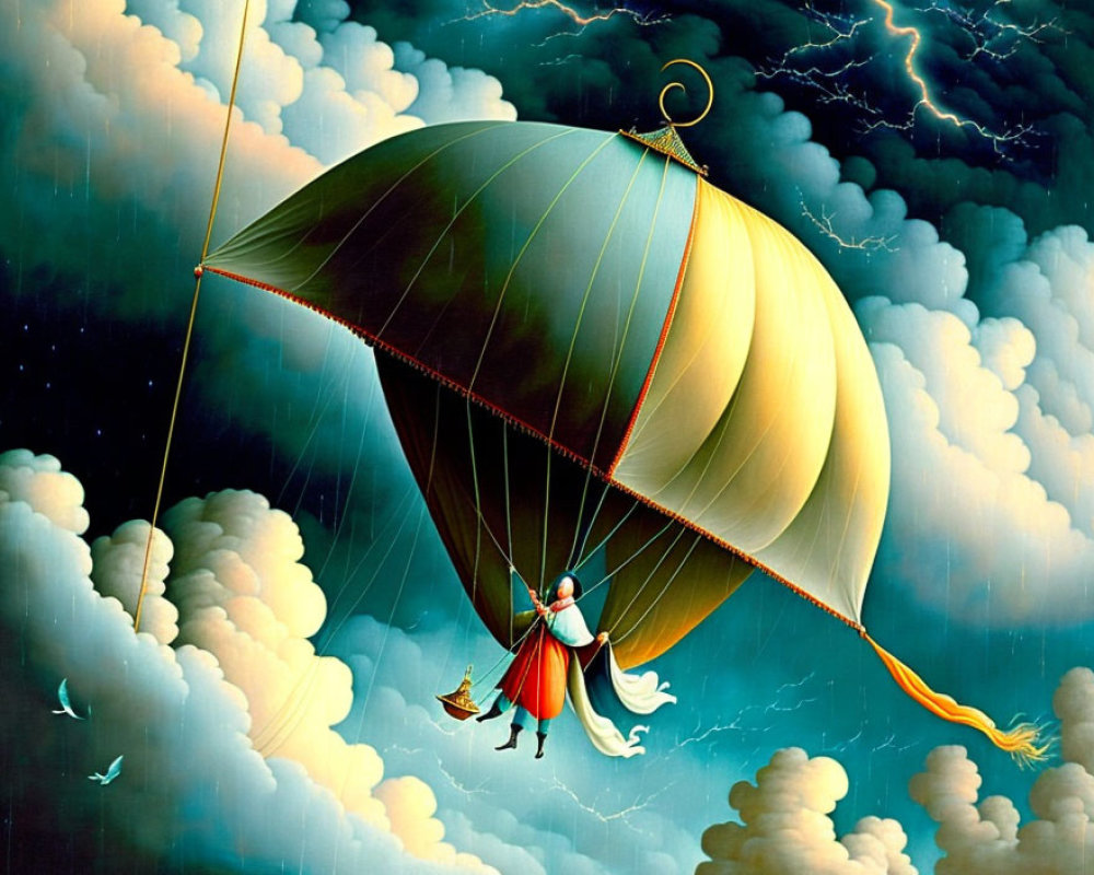 Colorful painting: person on balloon in stormy sky with birds and clouds