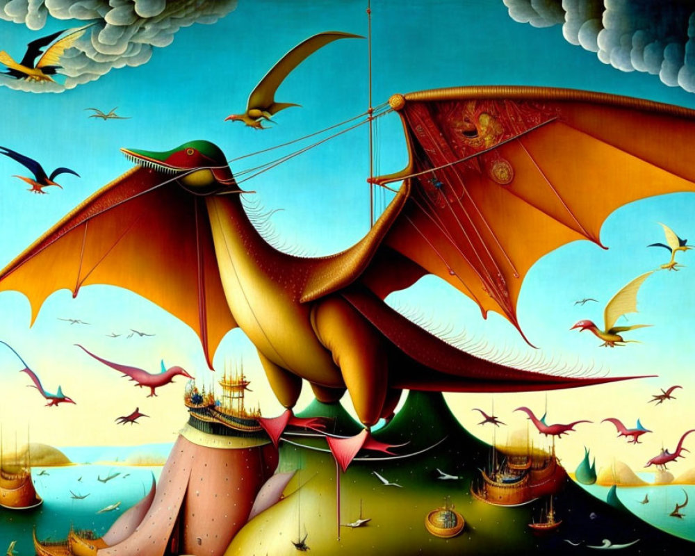 Surrealist painting of dragon-like creature soaring over floating islands.