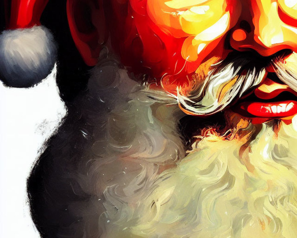 Detailed Close-Up Painting of Santa Claus with Red Hat and White Beard