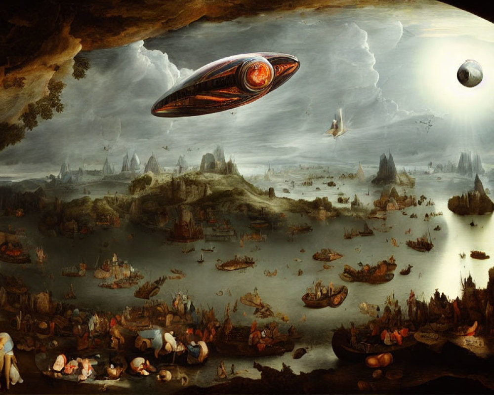 Flemish-style painting with sci-fi twist: UFO and planet in fantastical landscape