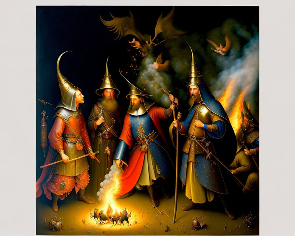 Armored warriors with helmets, spears, and flames in dark setting.