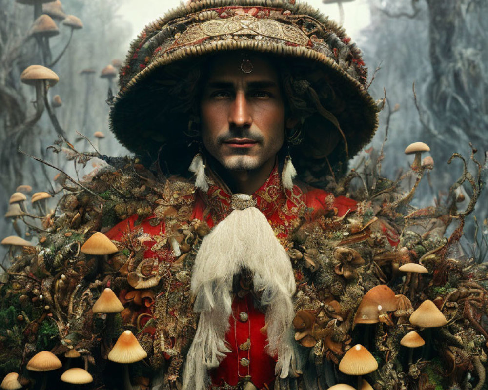 Man in Mushroom-Themed Outfit Surrounded by Wooded Background