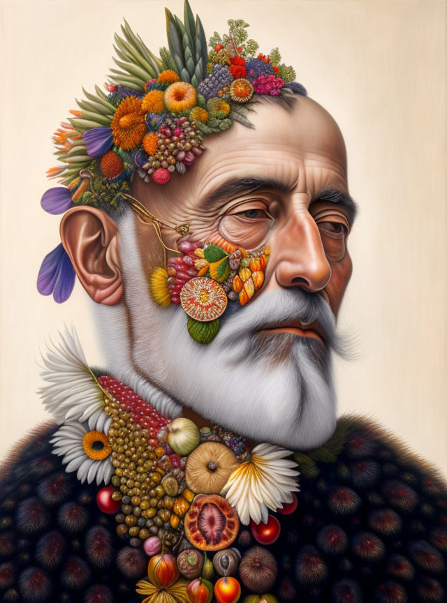 Man with Beard Adorned by Fruits, Flowers, and Plants