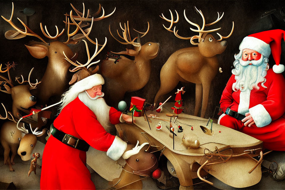 Santa Claus Workshop: Reindeer Building Toys on Wooden Table