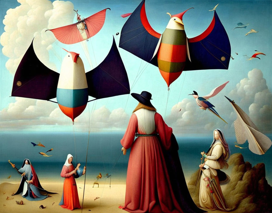 Surreal painting of people in Renaissance attire with bird-like kites against blue sky