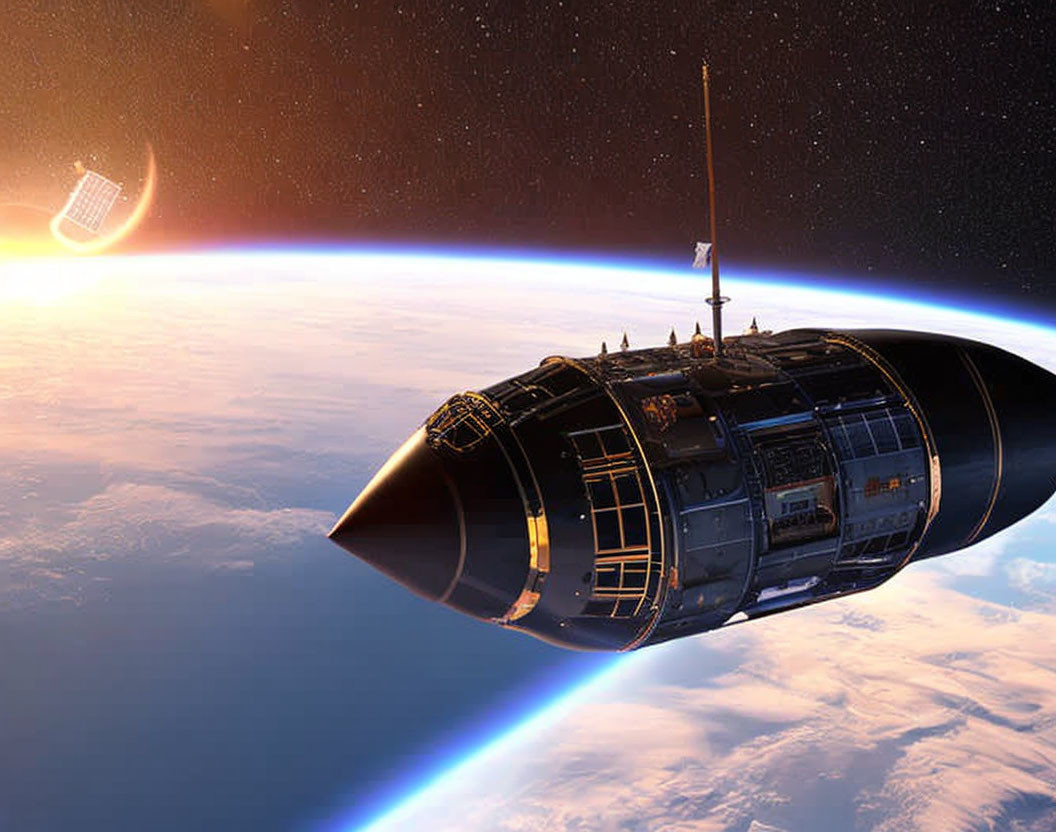 Futuristic spacecraft orbiting Earth with satellite and planet's atmosphere.