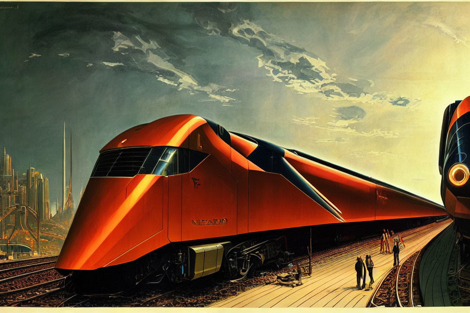 Modern orange train at station with passengers against urban skyline under dramatic sky