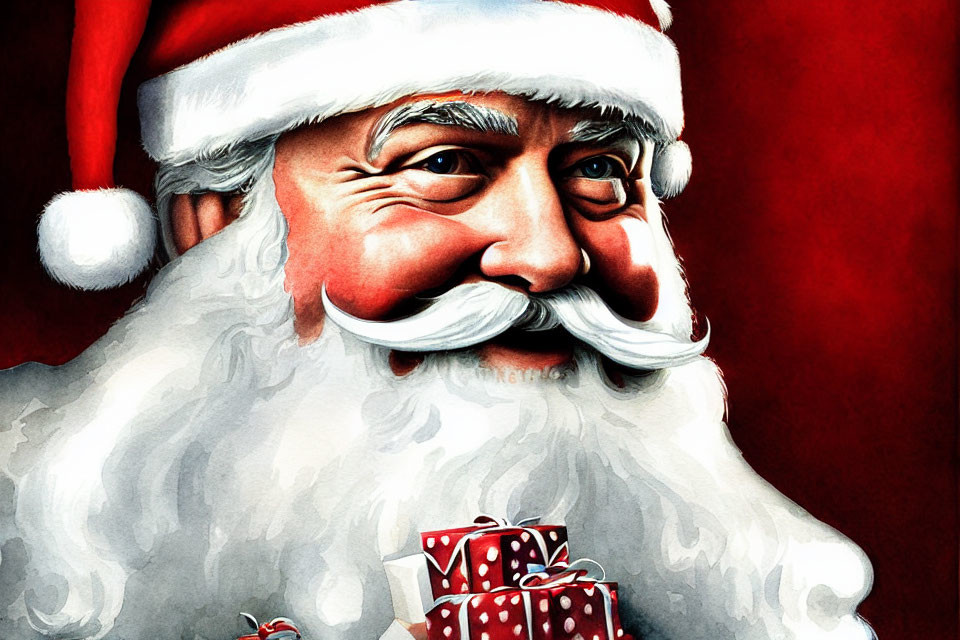 Smiling Santa Claus with White Beard and Red Hat Holding Gifts
