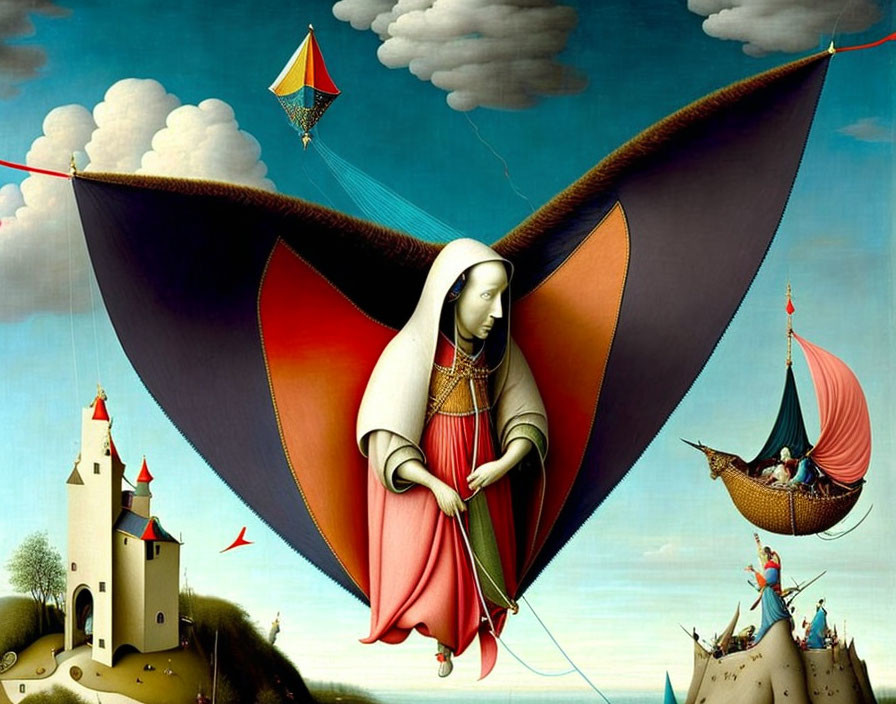 Surreal painting: nun with butterfly wings, floating ship, kite, castle, people on coastal
