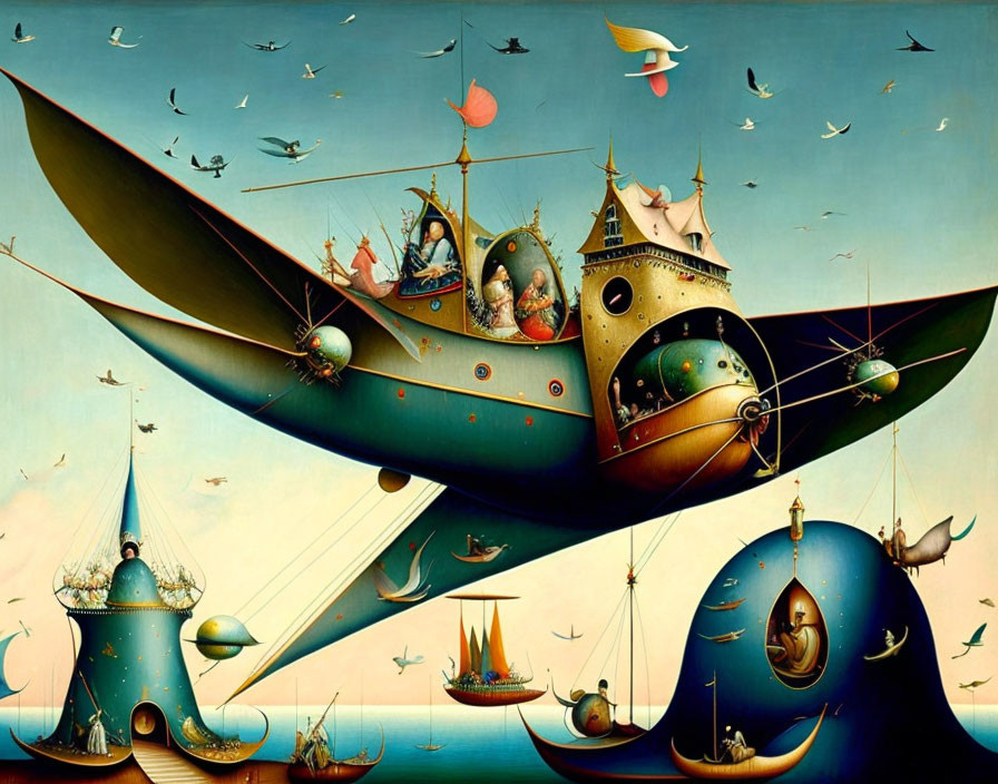 Whimsical flying ships with structures and figures in surreal artwork