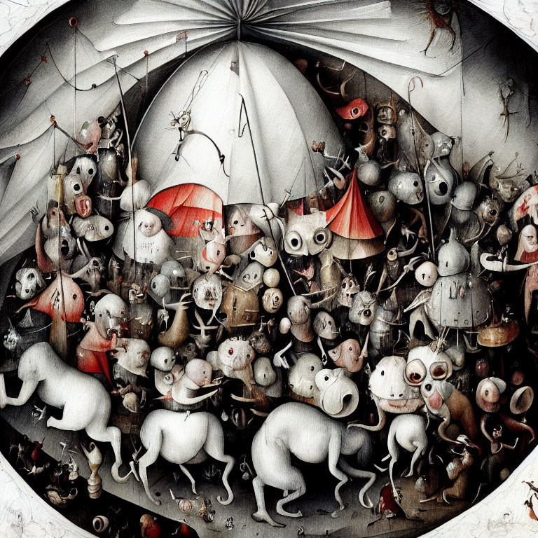 Surreal black and white artwork: anthropomorphic pigs in medieval battle attire on horseback