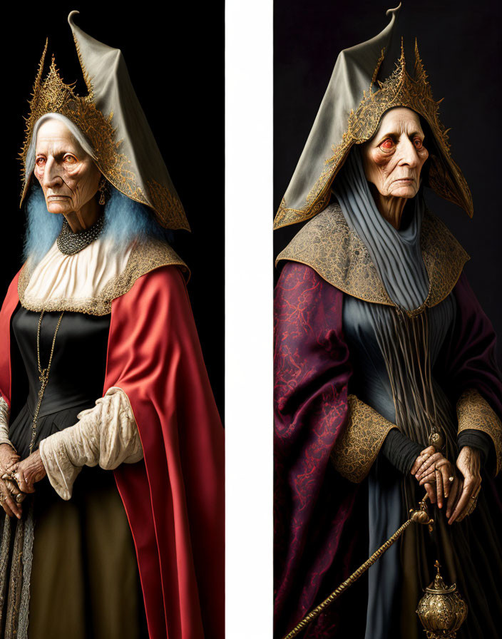 Elderly woman in medieval costumes - red and gold vs. blue and grey portraits