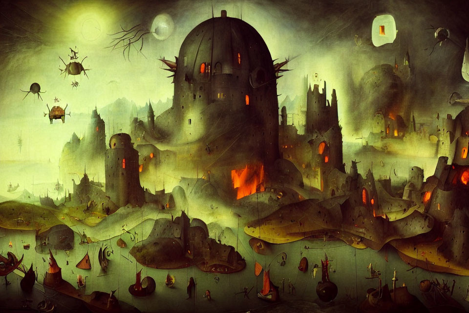 Fantastical landscape with fiery towers and airships amid hazy atmosphere
