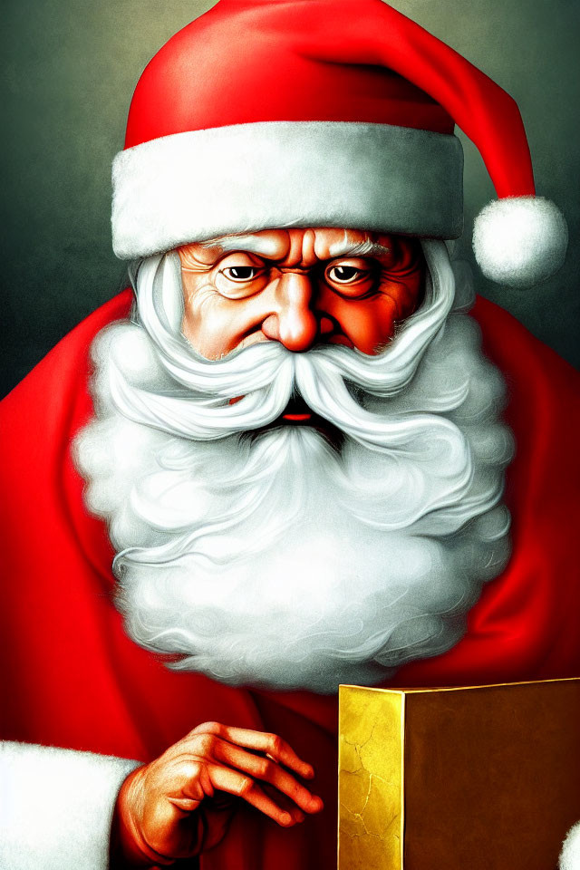 Serious Santa Claus portrait with red suit, white beard, and golden seal envelope