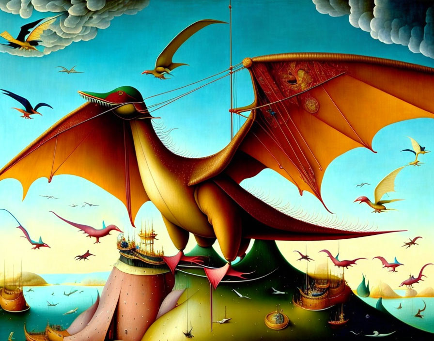 Surrealist painting of dragon-like creature soaring over floating islands.