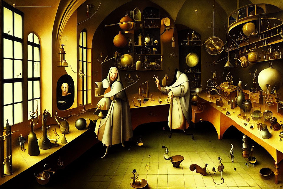 Detailed Alchemist's Lab Illustration with Robed Figures and Intricate Devices