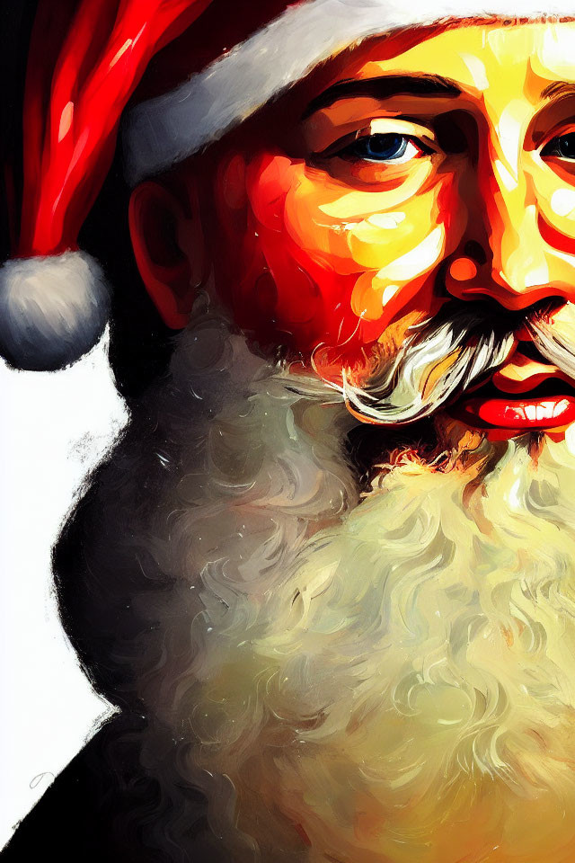 Detailed Close-Up Painting of Santa Claus with Red Hat and White Beard