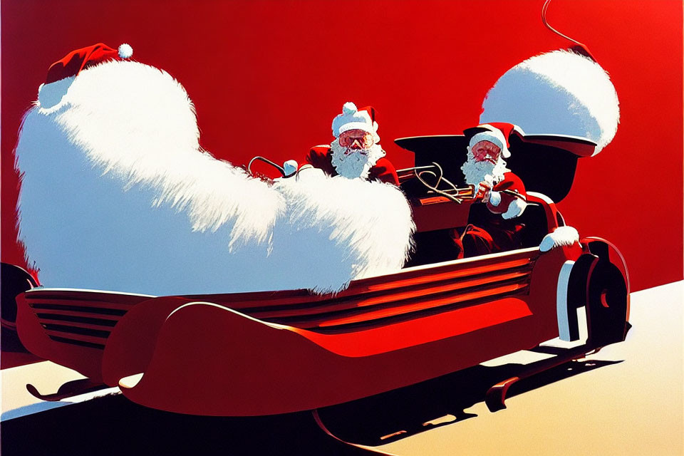 Stylized red and black sleigh with three Santa Claus figures - modern design