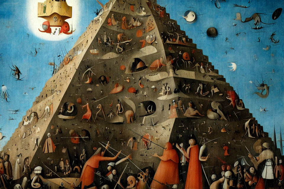 Surreal pyramid structure with bustling figures under blue sky