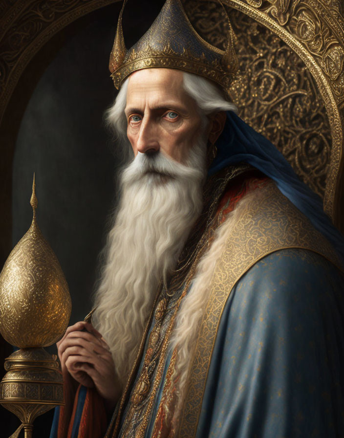 Bearded figure in golden crown and robes with scepter exudes regal authority