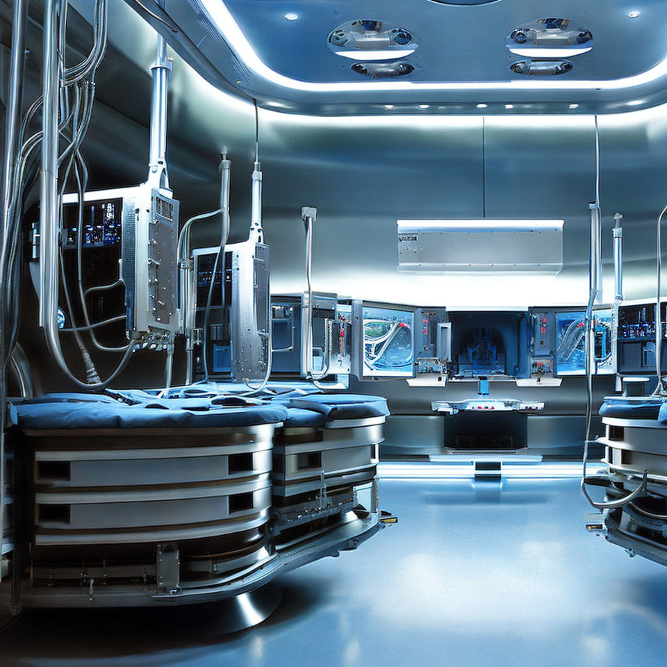 Futuristic Medical Bay with Advanced Equipment and Blue Lighting