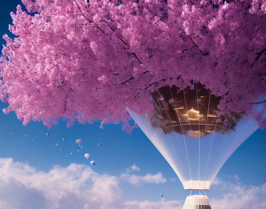 Hot Air Balloon Ascending Among Pink Cherry Blossoms in Blue Sky