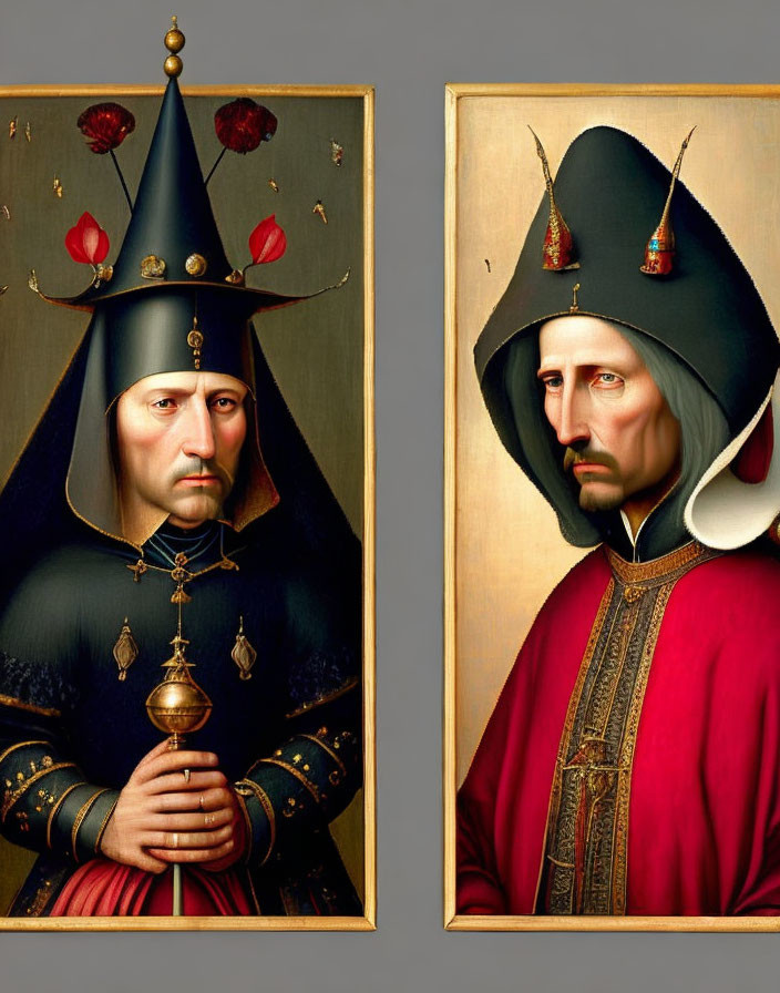 Two somber men in medieval attire with pointed hoods and bell adornments.