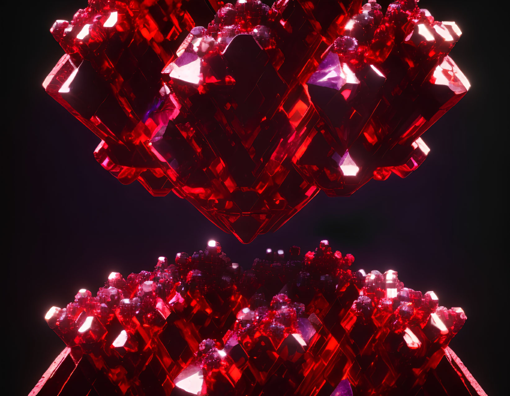 Symmetrical abstract design with red glowing crystals on dark background