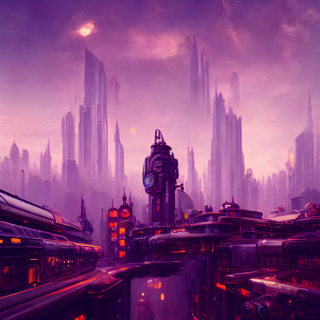 Futuristic sci-fi cityscape with purple skyscrapers and crimson sky
