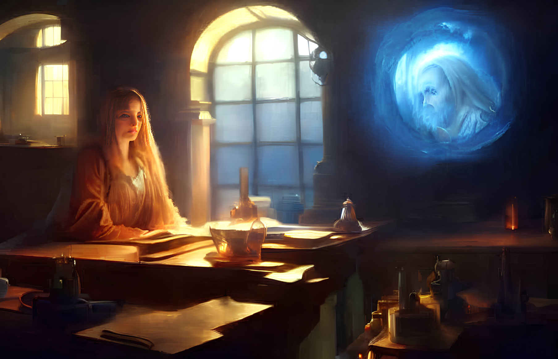 Woman at desk with books, quill, ink, gazing at swirling lion portal